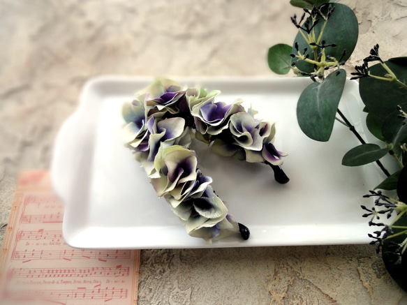紫陽花のバナナクリップ ■ 異素材合わせ  ■ パープルホワイト 5枚目の画像