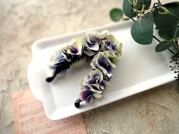 紫陽花のバナナクリップ ■ 異素材合わせ  ■ パープルホワイト 1枚目の画像