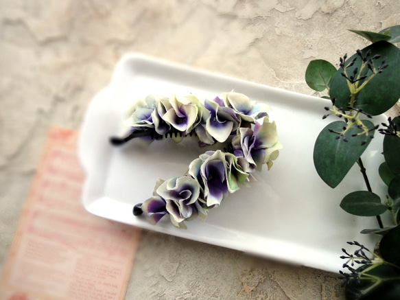 紫陽花のバナナクリップ ■ 異素材合わせ  ■ パープルホワイト 2枚目の画像