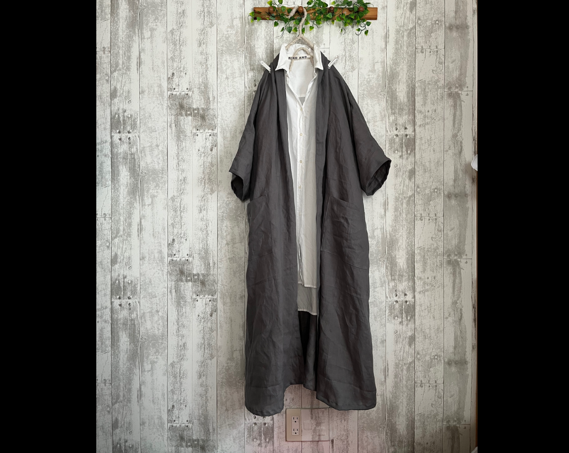 夏ふわとろグレーリネン100%ドルマンゆったりロングローブカーディガン