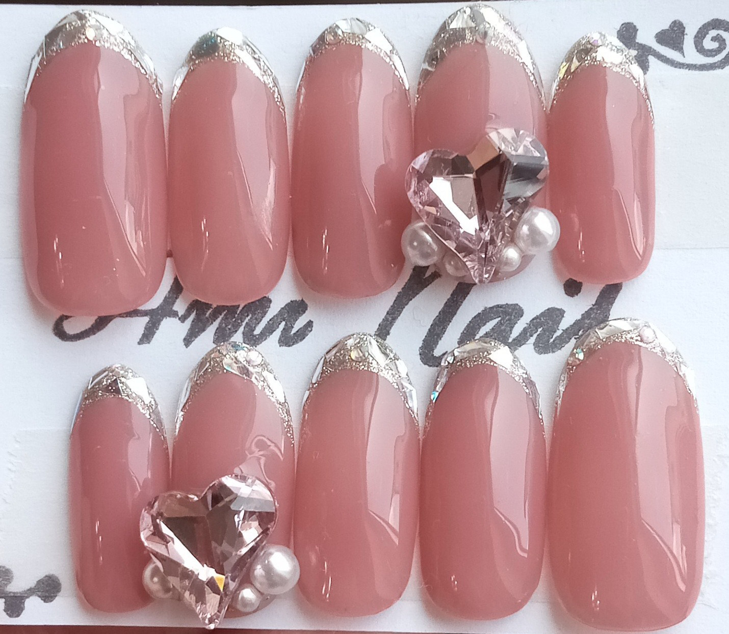 ピンク ガラス フレンチ ハートビジュー ネイル ネイルチップ