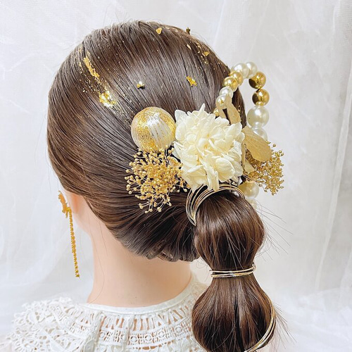 成人式 髪飾り ゴールドパールミックス ランダムボールチェーン 水引き