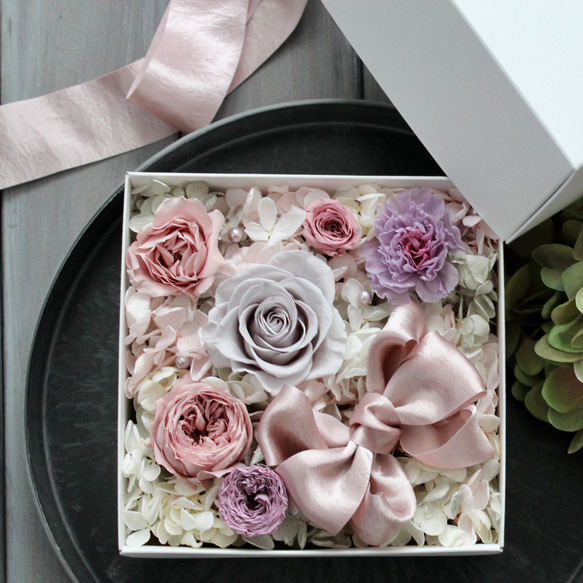 SOLD〜＊大人かわいい　リボンのフワフワリース＊〜 ふんわりリボンの大人可愛いBox パープルグレー ： フラワー ボックス