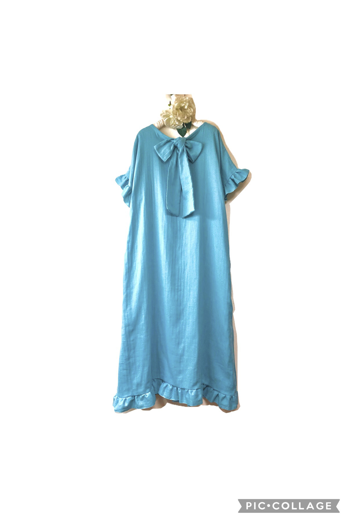 バックリボン➕ぷらす❤️裾フリルとフリル袖のストーンとシンプルライン♡ダブルガーゼ❤️アクアブルー/調整/色変更可