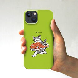 スマホケース　Tai Tai Tai 猫が鯛をかかえて（ライム） 1枚目の画像