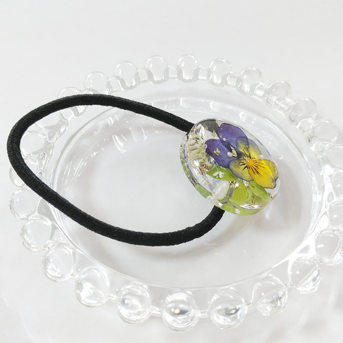 レジンヘアゴム 紫陽花 葉脈 クリア ホワイト 金箔 大ぶり
