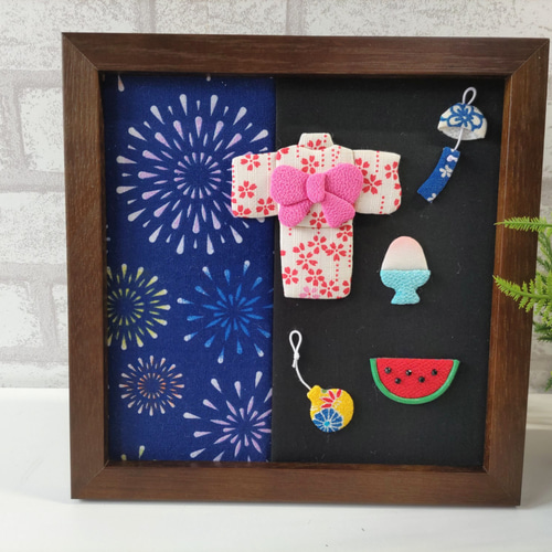 夏祭り ちりめん押し絵フレーム 額付き 花火 ユカタ スイカ 風鈴