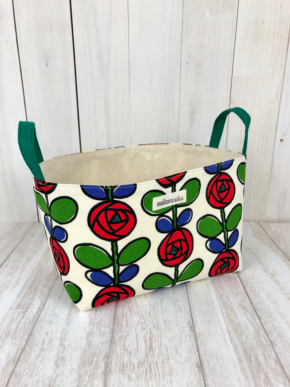 ファブリックバスケットS バラ 持ち手緑 フリーボックス・小物入れ