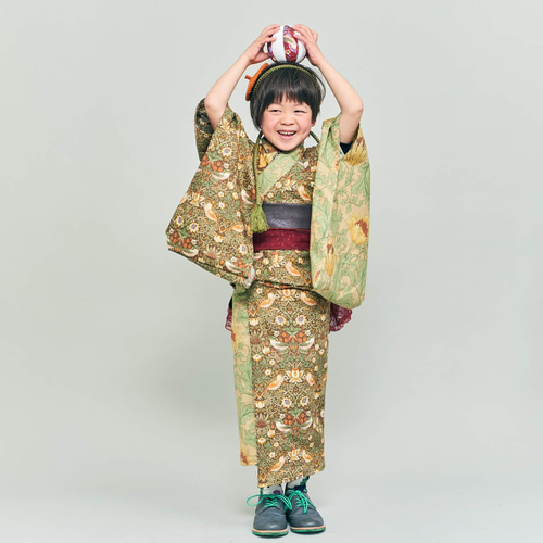 簡単着付　ウィリアムモリス柄　セパレート着物　子供用浴衣 作り帯付き　七五三 簡単着付 ウィリアムモリス柄 セパレート着物 子供用浴衣 作り帯