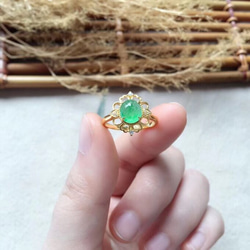 261 受注制作 k18金ゴールド 楕円 ろうかん ミャンマー産 陽緑 本翡翠 リング ダイヤモンド 指輪お祝い 母の日 2枚目の画像