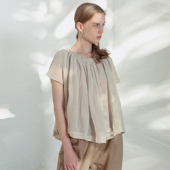 女性用の100カウント綿とリネンのシャツ バット袖ブラウス 1枚目の画像