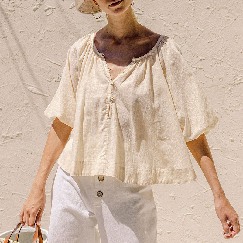 夏100カウント綿のシャツ 提灯袖ブラウス