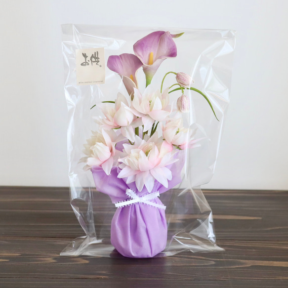 お供え花１対/ピンクセルリアxパープルカラー/アーティフィシャルフラワー/ガラス花瓶 4枚目の画像