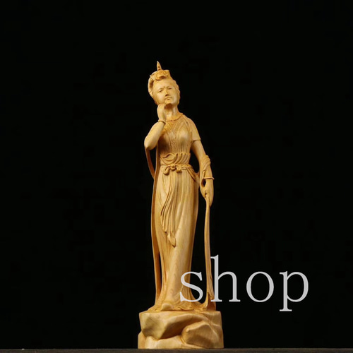 東洋彫刻 天然木・オリエンタル女性 置物・柘植製高級木彫り