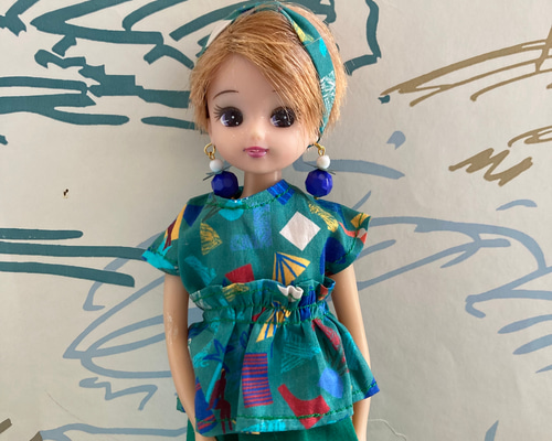 063リカちゃん ブライス ハンドメイド 服 リバティー ビーチ柄 フリル