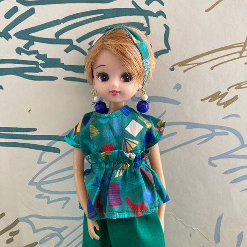 063リカちゃん ブライス ハンドメイド 服 リバティー ビーチ柄 フリル