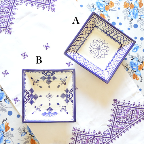 20％オフ！角深皿15 4種類／モロッコ・フェズの手描き陶器 深鉢 小鉢