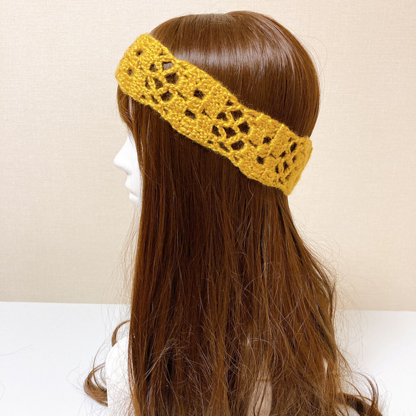 ヘアバンド　マスタード　手編み　1年中　ハンドメイド　透かし模様　ヘッドドレス　オールシーズン　ゴールド系　ゆったり 1枚目の画像