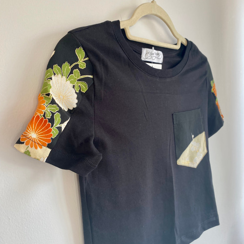 ブラック和風Tシャツ レディース1点もの 着物リメイク ミニクロップ 