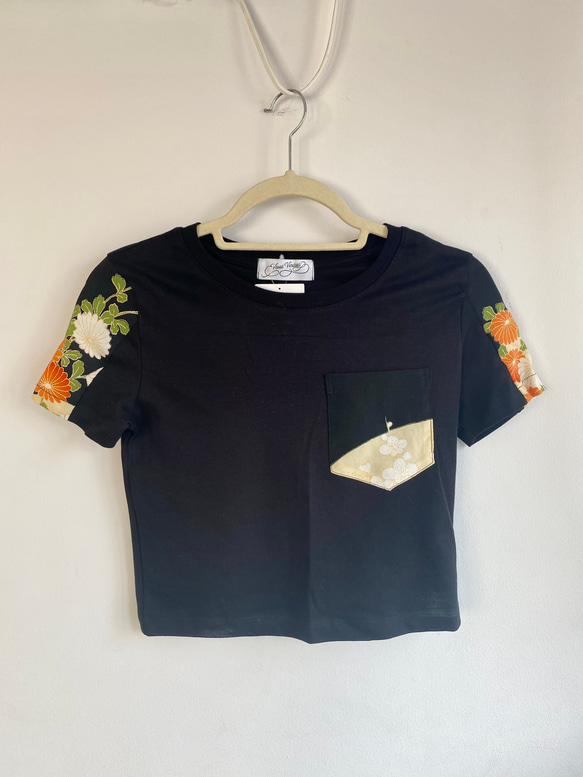 ブラック和風Tシャツ　レディース１点もの　着物リメイク　ミニクロップティー 8枚目の画像
