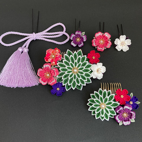 つまみ細工　髪飾り　✴︎結花✴︎紅・グリーン・マスタード　No.378再販2 つまみ細工の髪飾りレシピ【上級編】和装に合う豪華なかんざしに
