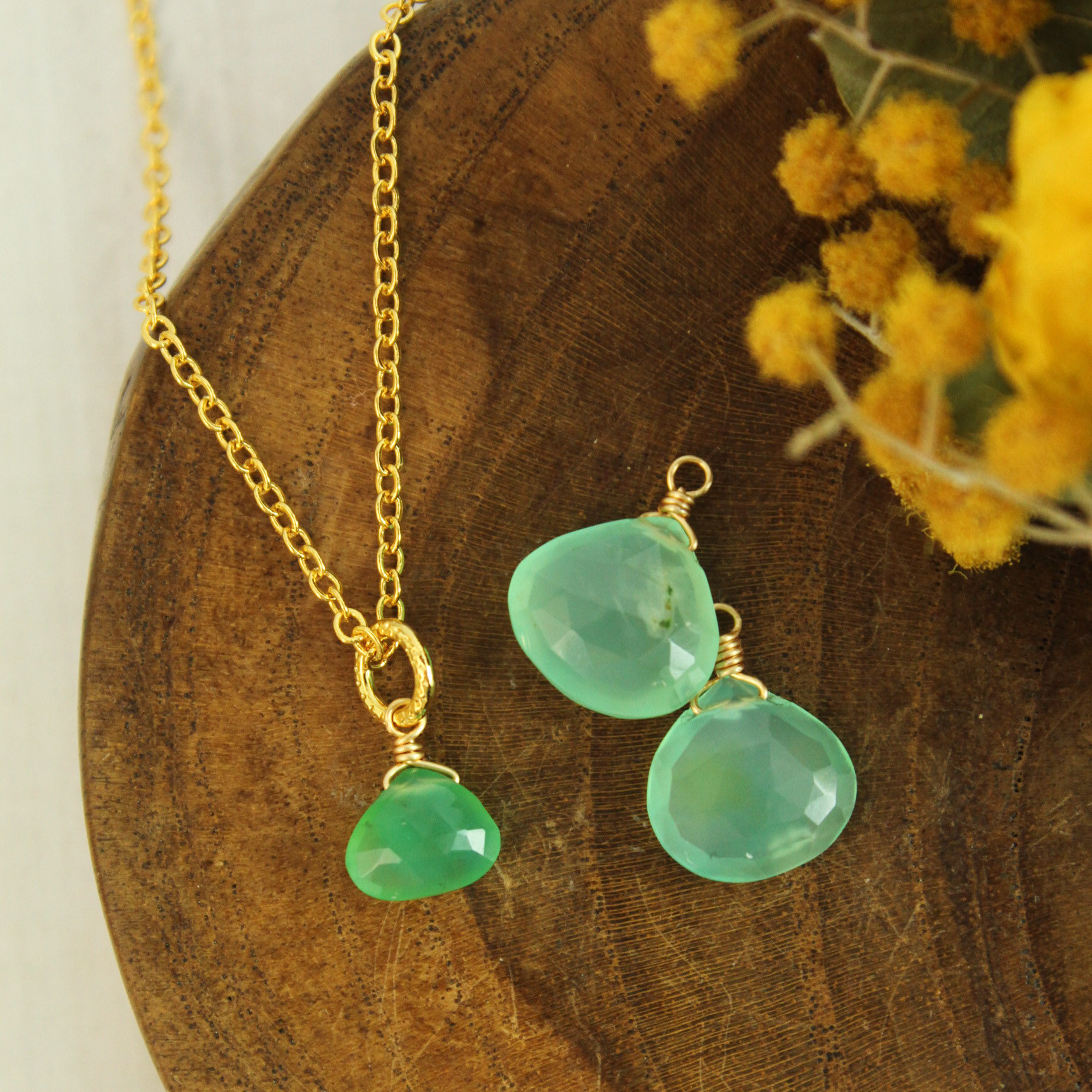 【耳飾り/ネックレスSET】クリソプレーズ(マロン) 耳飾りとネックレス