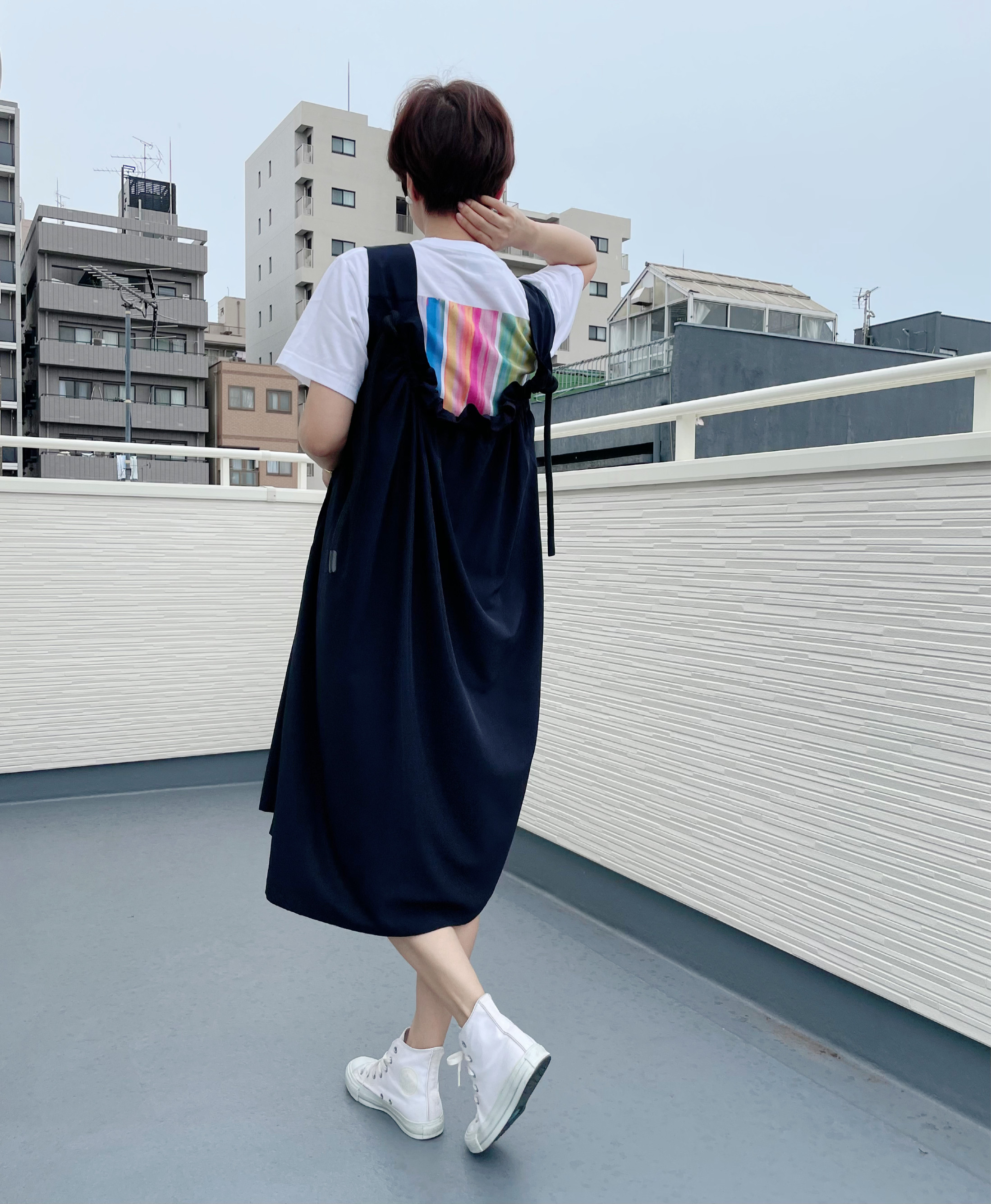 【新作再販】大人かわいい 紐付きギャザー サロペット ワンピース オールインワン フォーマル22006紺ネイビー