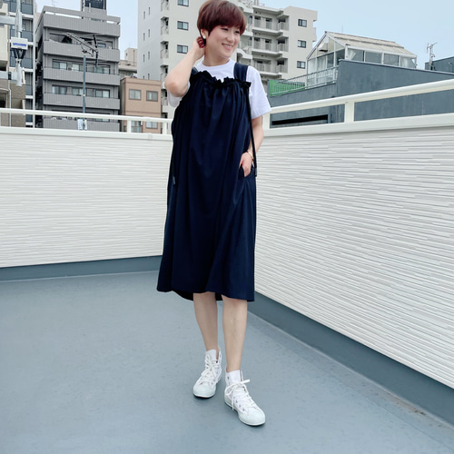 新作再販】大人かわいい 紐付きギャザー サロペット ワンピース