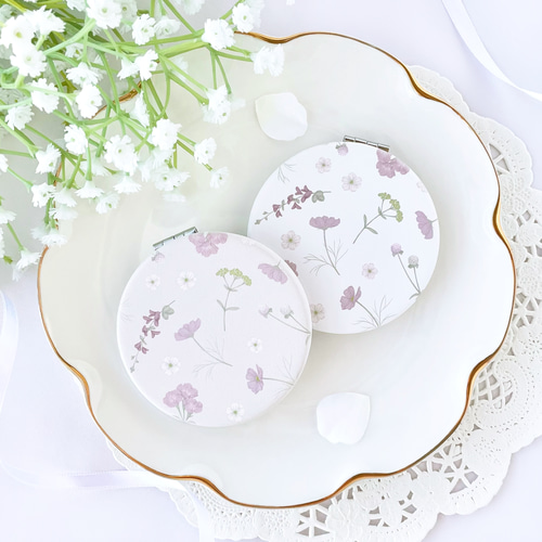 秋の花 コンパクトミラー 鏡 手鏡 コスモス ナデシコ 花柄 かわいい