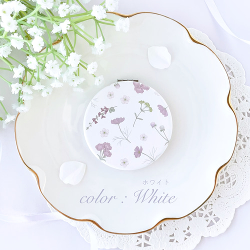 秋の花 コンパクトミラー 鏡 手鏡 コスモス ナデシコ 花柄 かわいい