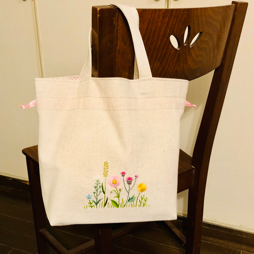 刺繍 巾着 トート バック ＜生成り＞ 巾着バッグ acochan 通販