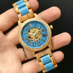 【木製腕時計】EINBAND Frieden ターコイズ × オリーブ 天然石 自動巻き オートマチック【42mm】 2枚目の画像