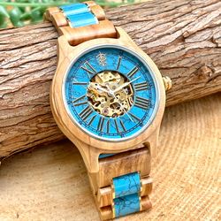 【木製腕時計】EINBAND Frieden ターコイズ × オリーブ 天然石 自動巻き オートマチック【42mm】 4枚目の画像