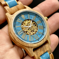 【木製腕時計】EINBAND Frieden ターコイズ × オリーブ 天然石 自動巻き オートマチック【42mm】 1枚目の画像