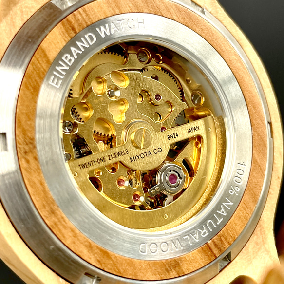 【木製腕時計】EINBAND Frieden ターコイズ × オリーブ 天然石 自動巻き オートマチック【42mm】 6枚目の画像