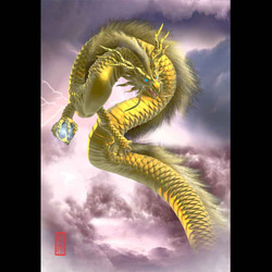 龍の絵「雷雲と金龍・明るめ」自作A4　竜の絵 1枚目の画像