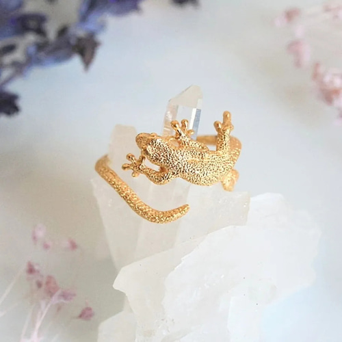 ヤモリが巻付くオープンリング （ゴールド）k18GP 【受注生産】 指輪