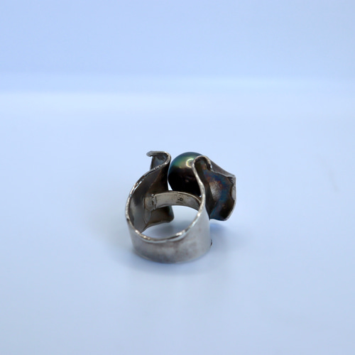 【新発売】 彫金リング シルバー950 南洋パールリング 指輪 黒真珠 一点物 アクセサリー