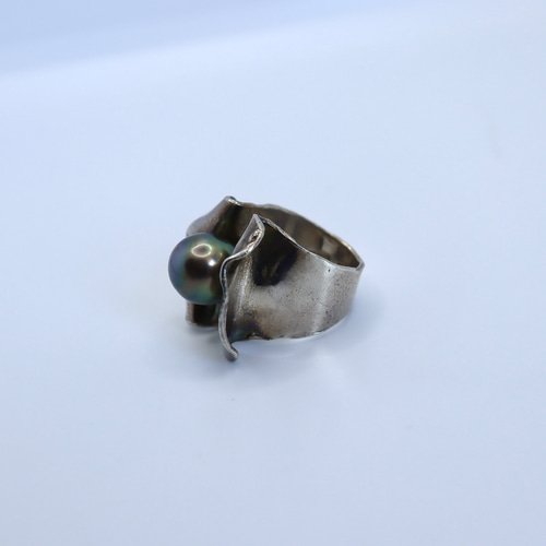 南洋パールリング シルバー950 彫金リング 指輪 一点物 黒真珠