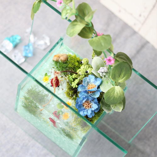 金魚とカエルの涼しいガラス苔アート プリザーブドフラワー【退職祝い