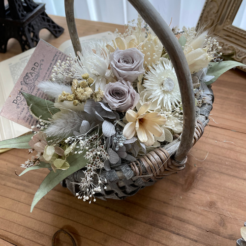 再販♡【送料無料】シャビーグレーのフラワーバスケット (くすみピンク