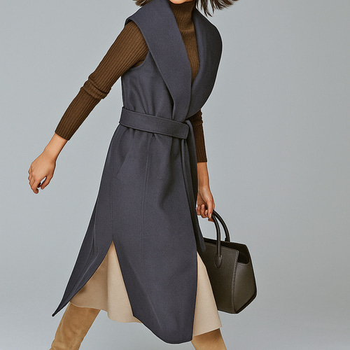 ウール混 ビッグカラー ベルト付き テーラード ロングジレ ベスト