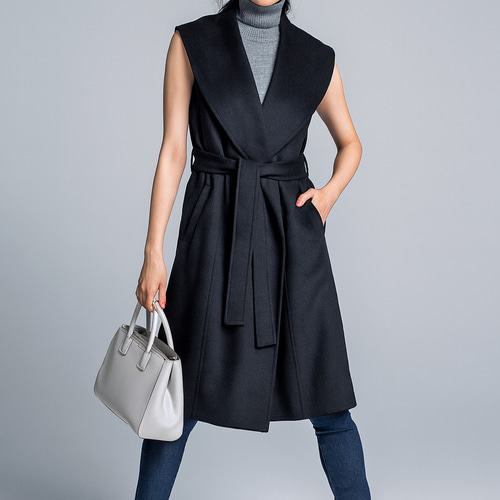 ウール混 ビッグカラー ベルト付き テーラード ロングジレ ベスト