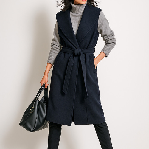 ウール混 ビッグカラー ベルト付き テーラード ロングジレ ベスト