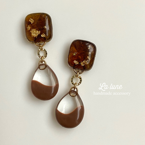 ブラウン雫◇べっ甲スクエア×ミニ雫クリアチャームピアス イヤリング 