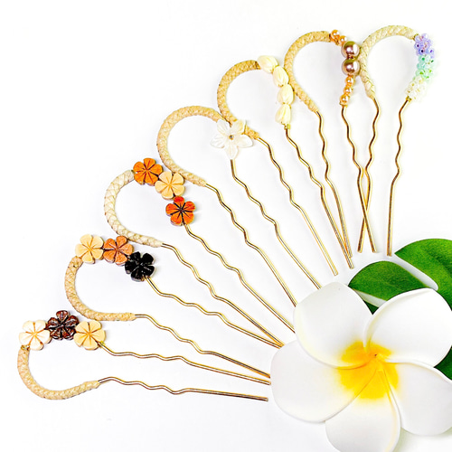 【1セット限定/5本入り】後ろ姿もぬかりナシ！ ラウハラ　ヘアピック　かんざし 数量限定＊ ラウハラ編みのアンスリウム ヘアピック・かんざし