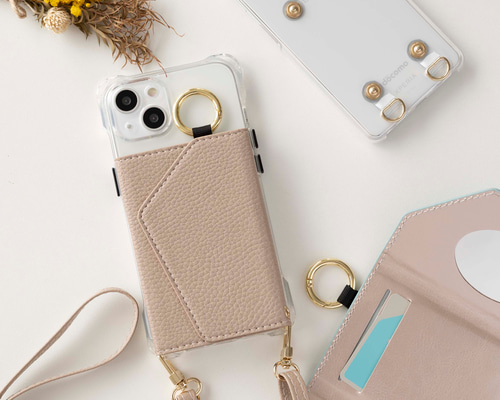 カードポケット＆ショルダー付き♡お出かけにも便利な名入れ可能iPhoneケース スマホショルダー カード収納付き ポケット iphoneケース