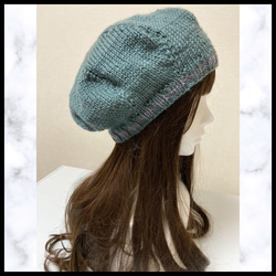 ニット帽　グリーン　グレー　手編み　ベレー帽　男女兼用　1年中着用できる　帽子 1枚目の画像