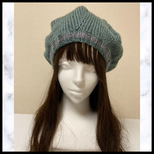 ニット帽　グリーン　グレー　手編み　ベレー帽　男女兼用　1年中着用できる　帽子 2枚目の画像