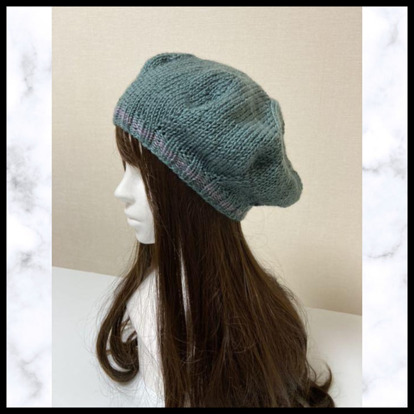 ニット帽　グリーン　グレー　手編み　ベレー帽　男女兼用　1年中着用できる　帽子 3枚目の画像